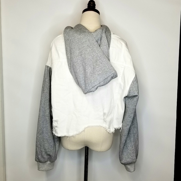 Dance & Marvel White Gray Raw Hem Crop Distressed Convertible Denim  Jacket, M - Picture 2 of 10